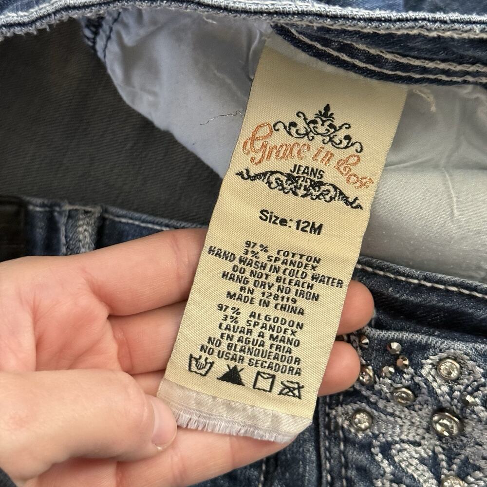 Grace in LA Bootcut Jeans Women’s 12M Blue Denim Rhinestone Embellished Pockets - Picture 6 of 8